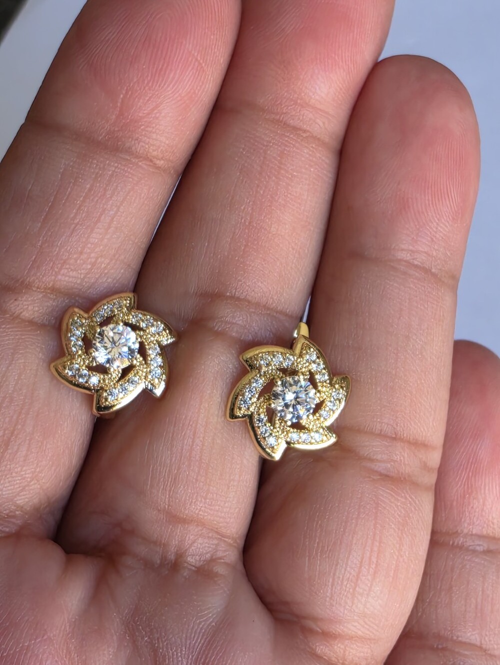 NEW Gold Plated CZ Lotus Flower Huggie Earrings Sparkly Crystal Elegant